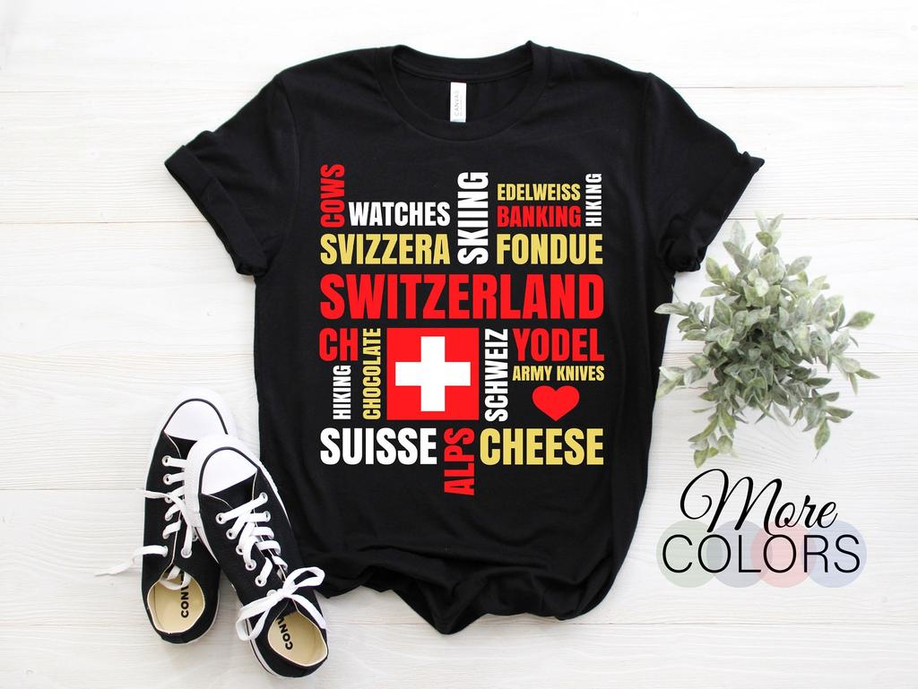 Switzerland Alps, Cows, Fondue, Cheese Skiing, Mountains lover Swiss Souvenir Gift T-Shirt, Travel Holiday, Roots Birthday Christmas Present