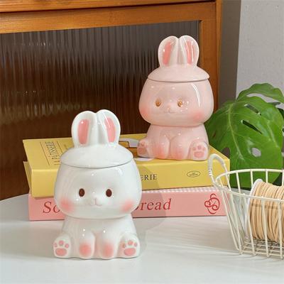 Cartoon Rabbit Shaped Ceramic Mug with Lid Coffee Milk Cup Cute Couple Breakfast Cup Household Drinkware Valentine's Day Gift