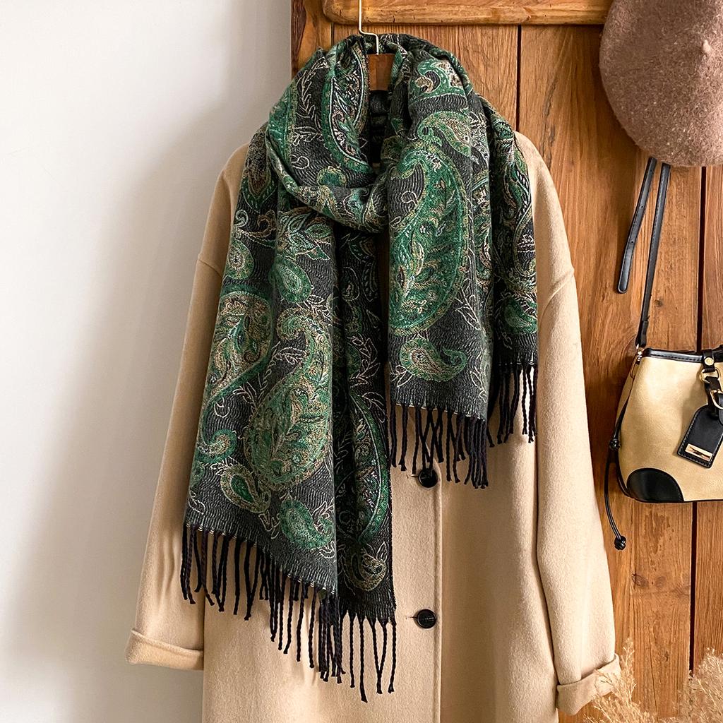 Fashion Winter Warm Cashmere Scarf - Women'S Tasseled Vintage Floral Oil Painting Printed Pashmina Thick Shawl & Poncho