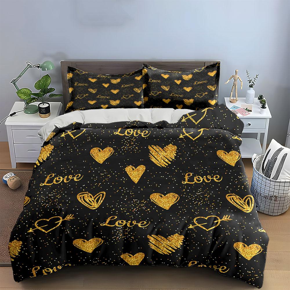 Golden Love Hearts Pattern Bedding Duvet Cover Set Duvet Cover Pillowcases  (1*Duvet Cover 2*Pillowcases, Without Duvet Insert)