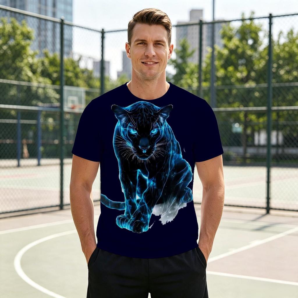 Neon Blue Panther 3D All Over Print Men's Crew Neck T-Shirt