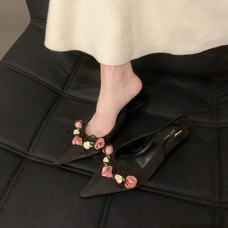 2025 New Spring and Autumn Fashion Flower Sweet Pointed Shallow Mouth Bow Needle Buckle Casual Thin High Heel Women's Shoes