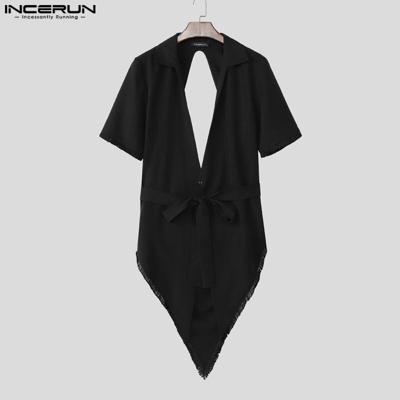 INCERUN Men V Neck Short Sleeve Lace-up Waist Back Cutout Irregular Long Tops T-shirts