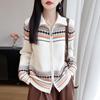 2026 Winter Pure Wool Thickened Lapel Knit Cardigan, Long Sleeve Double Zipper Fair Isle Jacquard Top