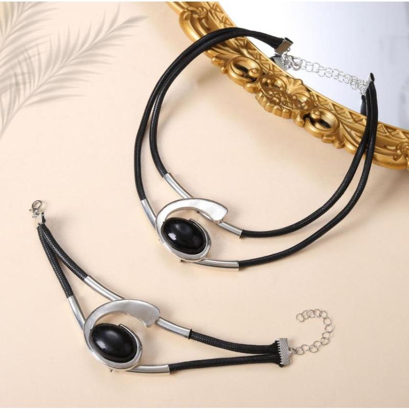 Bohemian Acrylic Snail Oval Eyes Jewelry Set Ladies Wax Rope Necklace Bracelet Set