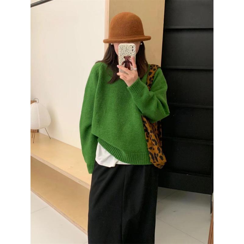 Autumn and Winter New Retro Soft Waxy Candy Color Crew Neck Pullover Sweater Women's Loose Lazy Knitted Sweater Top Thick