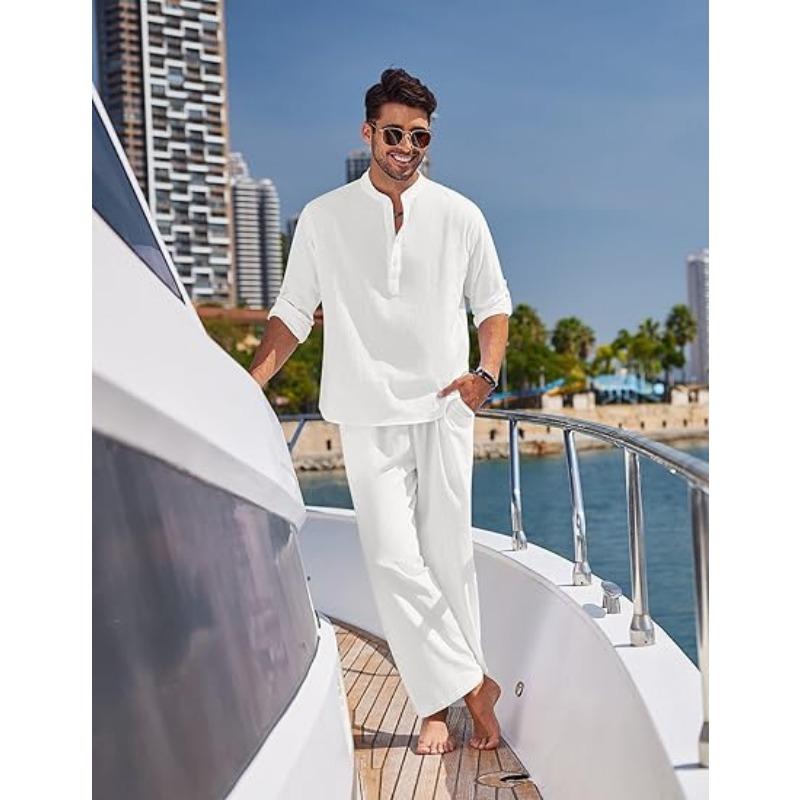 

Mens Solid Color Linen Casual Two Piece Set Stand Collar Long Sleeve Shirt And Pants S белый