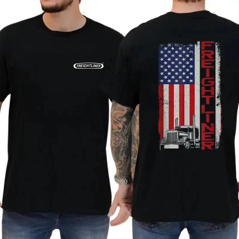 Freightliner T-Shirt, American Flag & Semi-Truck Graphic, Freightliner Logo Grap M