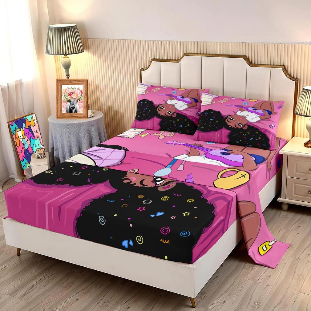 Cute Cartoon Cat Pattern Bed Hat Four-Piece Bedding Set Bedroom Dormitory Bedding Decoration