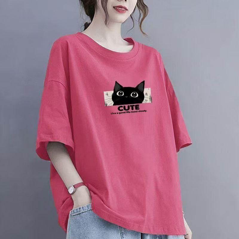Cotton Short Sleeve T-shirt Women Loose Fashion Medium Sleeve Tops Summer Vintage T-Shirt