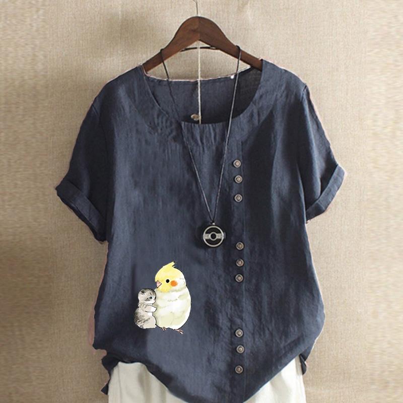 Women's Fashion Cat Parrot Prined Round Neck Short Sleeve T-shirt Casual Cotton Linen Graphic Shirt Leisure Loose Summer Blouse Tops Plus Size