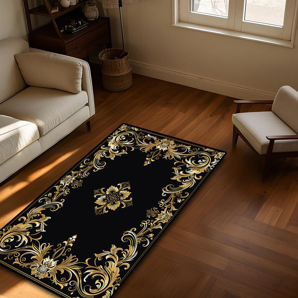Luxury Black Gold Floral Print Carpet Plush Flannel Rug Living Room Bedroom Home Decor Area Rug Non Slip Floor Mat