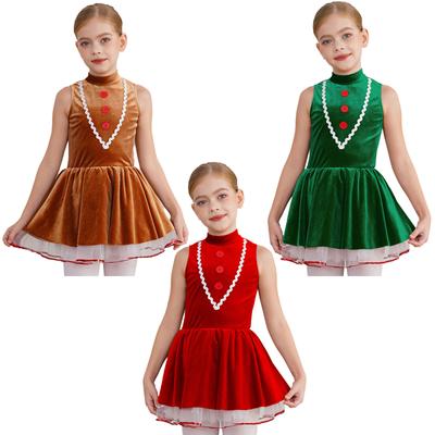 Dívčí kostým perníkového muže Vánoční sametové tutu šaty Bez rukávů Dutá záda Taneční trikot Kombinéza