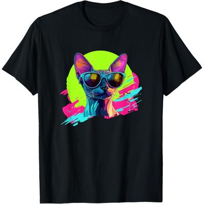 Lustiges Retro Vintage 80er Sonnenbrillen Haarlos Sphinx Katze Liebhaber T-Shirt