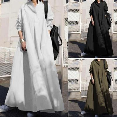 Abito Camicia da Donna Primavera Scollo a V Manica Lunga Monopetto Tinta Unita Ampio Abito Estivo Casual Lungo Streetwear
