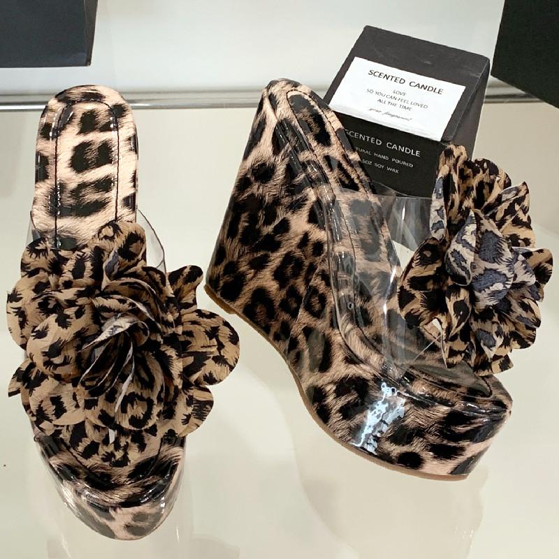 

Leopard Flower Slope Ladies Sandals Transparent PVC Pointed Toe Open Toe Heels for Ladies Summer Fashion 13 Cm Super High Heels 40