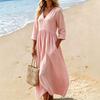 Damen V-Ausschnitt Midi Kleid Lässig Strandurlaub Einfarbig A-Linien Kleid mit Taschen