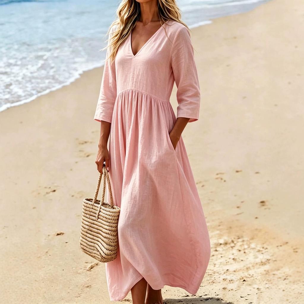 Damen V-Ausschnitt Midi Kleid Lässig Strandurlaub Einfarbig A-Linien Kleid mit Taschen