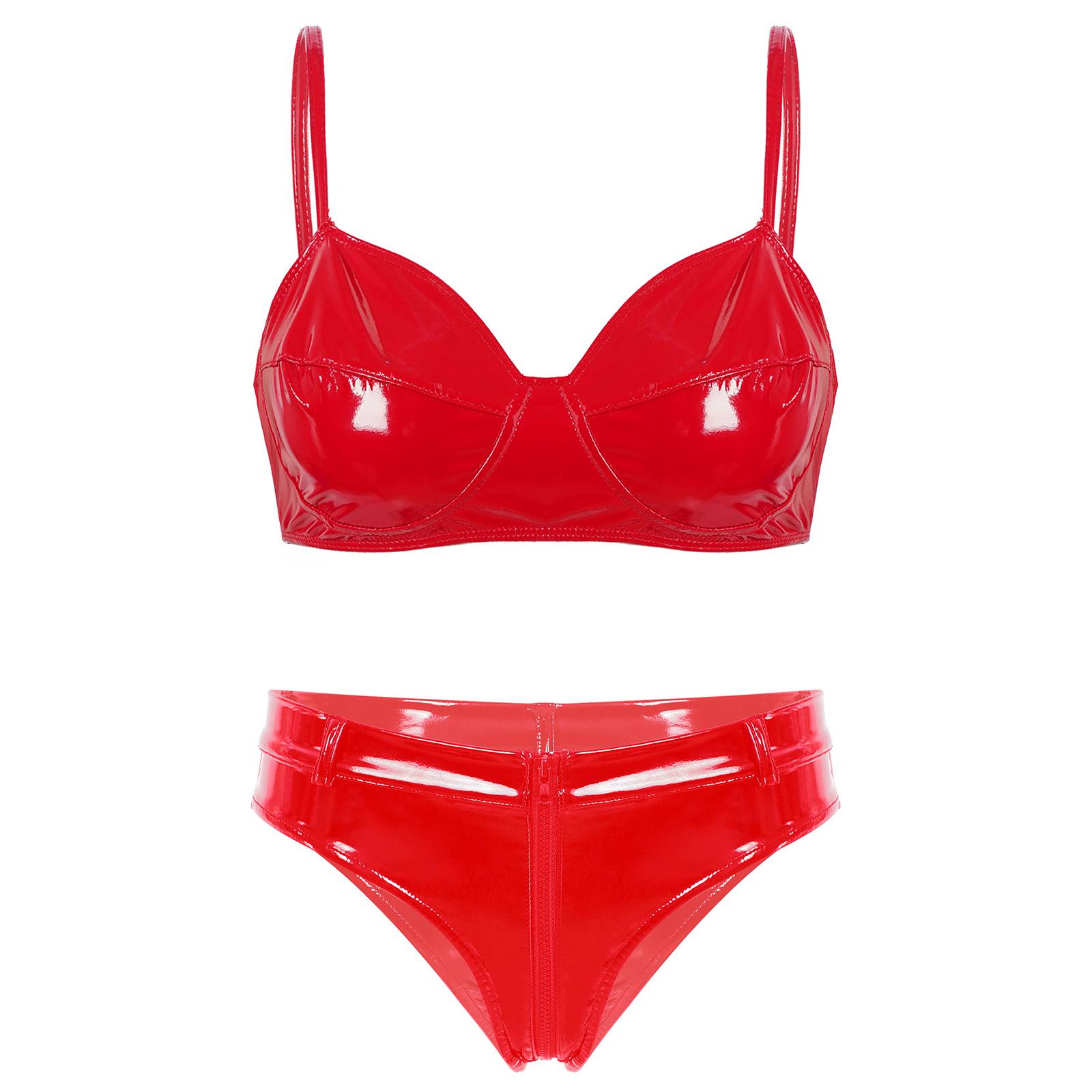 

Жіночий комплект лакової білизни Мокрий вигляд Топ-бра без кісточок та без підкладки Блискавка в зоні ластовиці Трусики з низькою посадкою XL червоний