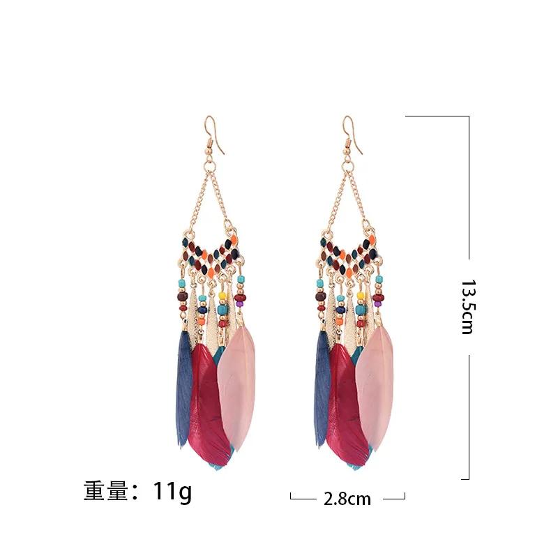 Bohemian Ethnic Feather Dangle Earrings For Women Trendy Long Tassel Colorful Beads Drop Earrings Girl Female Boho Jewelry