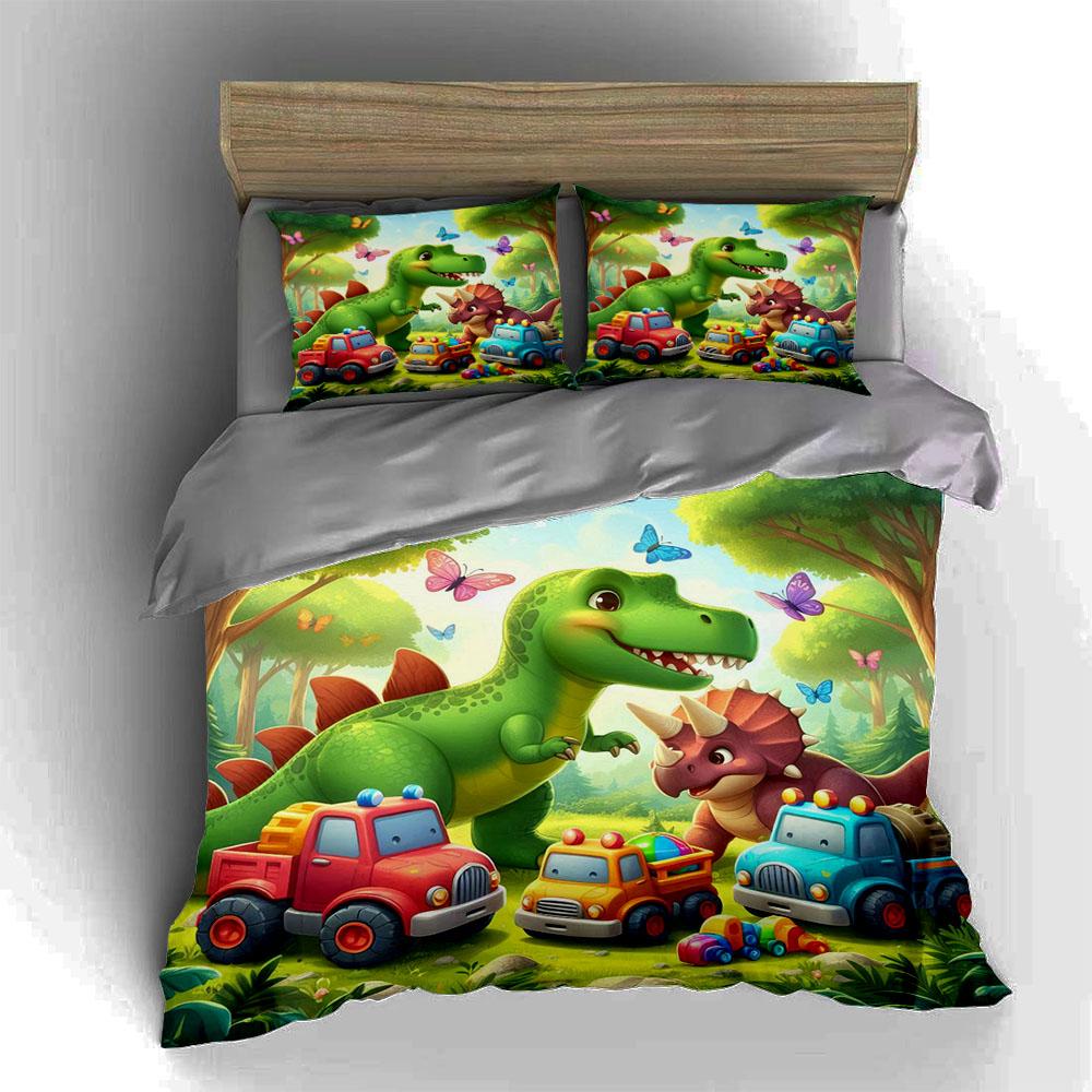 Dinosaurs and Toy Trucks Bedding Duvet Cover Set Duvet Cover Pillowcases Home Decor (1 * Duvet Cover 2 * Pillowcases, Without Duvet Insert)