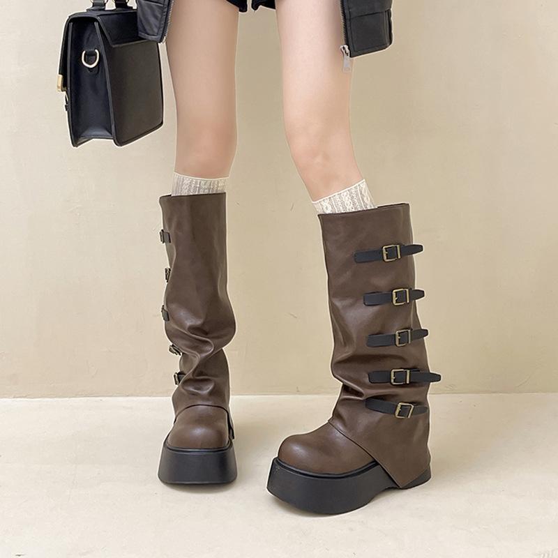 Vintage European and American versatile belt buckle pleated women's stacking boots autumn and winter thick-soled sleeve fashion boots thick-heeled le