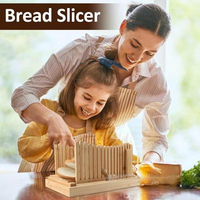Feliator de Pâine pentru Pâine de Casă - Tăietor de Pâine din Bambus, Ghid de Feliere Pliabil, Tavă pentru Firimituri - Feliator Compact pentru Pâine pentru Prăjituri, Bageluri, Pâini
