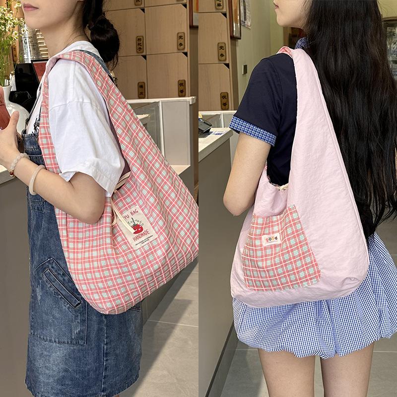 Sweet Plaid Double-sided Design Women's Shoulder Bags Casual Commuting Ladies Shopping Vest Bag College Style Girls Handbag Tote
