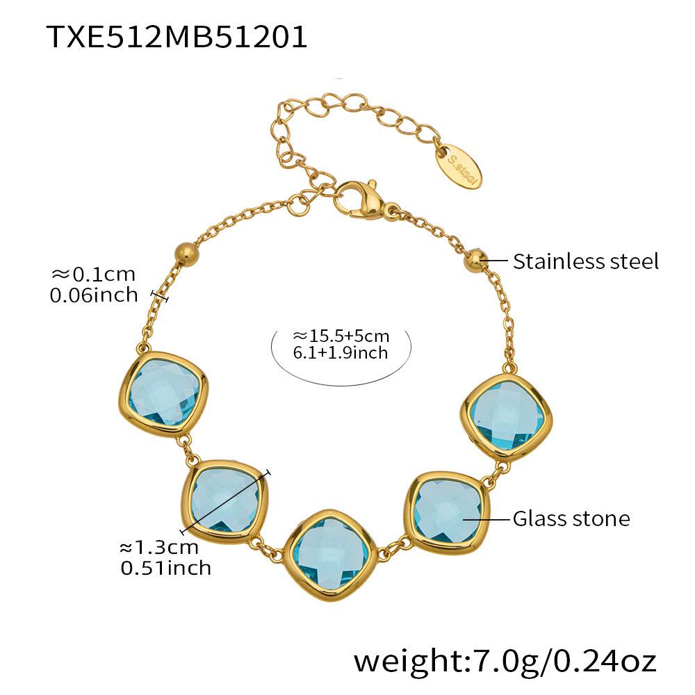 Stylish European & American Stainless Steel Jewelry Set with Square Faceted Glass Stones: Includes Bracelet, Necklace, and Earrings