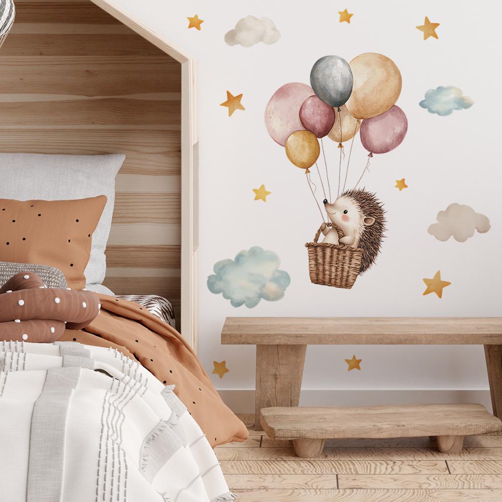 Cartoon Hedgehog Hot Air Balloon Wall Sticker Self-Adhesive Removable for Bedroom Commercial Places Home Decoration