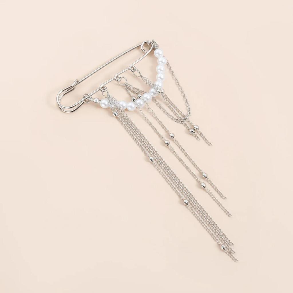 Fashion Exaggerated Imitation Pearl Fringed Chain Brooch Retro Design Suit Pin Pendant Fixed Pin Party Jewelry Accessories Gifts