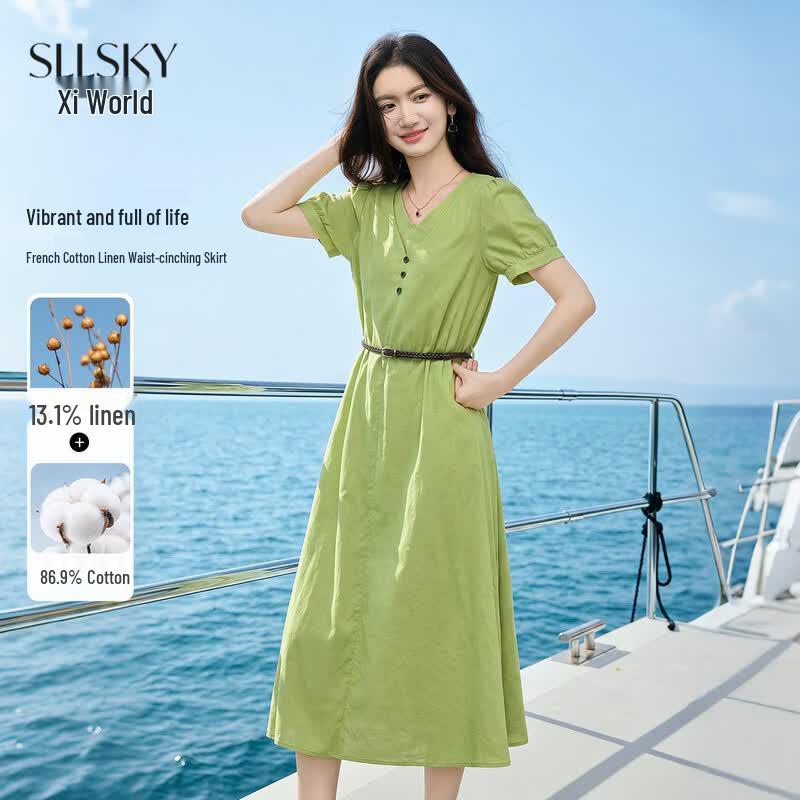 Women s Elegant V-Neck H-Line Midi Dress with Belt 2XL