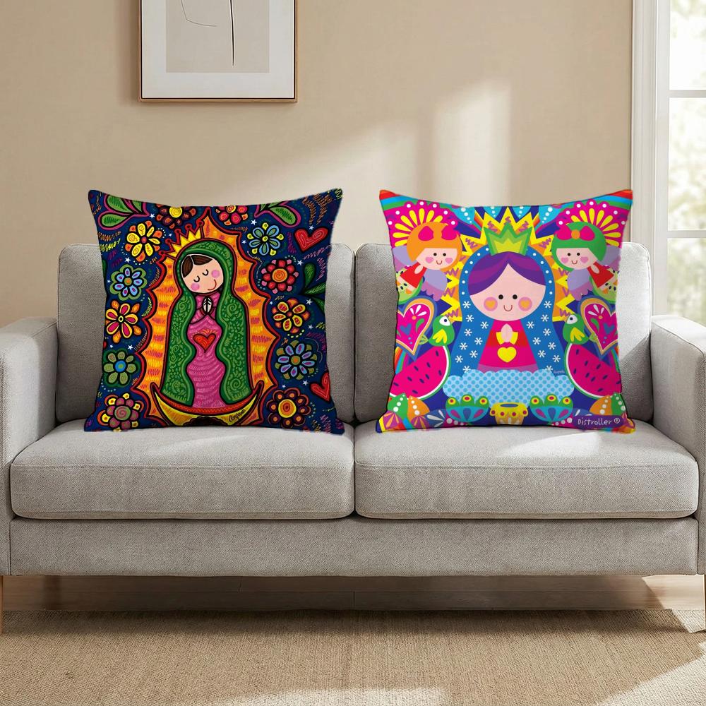 Cartoon Virgin Mary Art Cushion Cover Multi-Scene Pillow Cover for Home & Car - Reversible, Soft & Durable for Daily Use