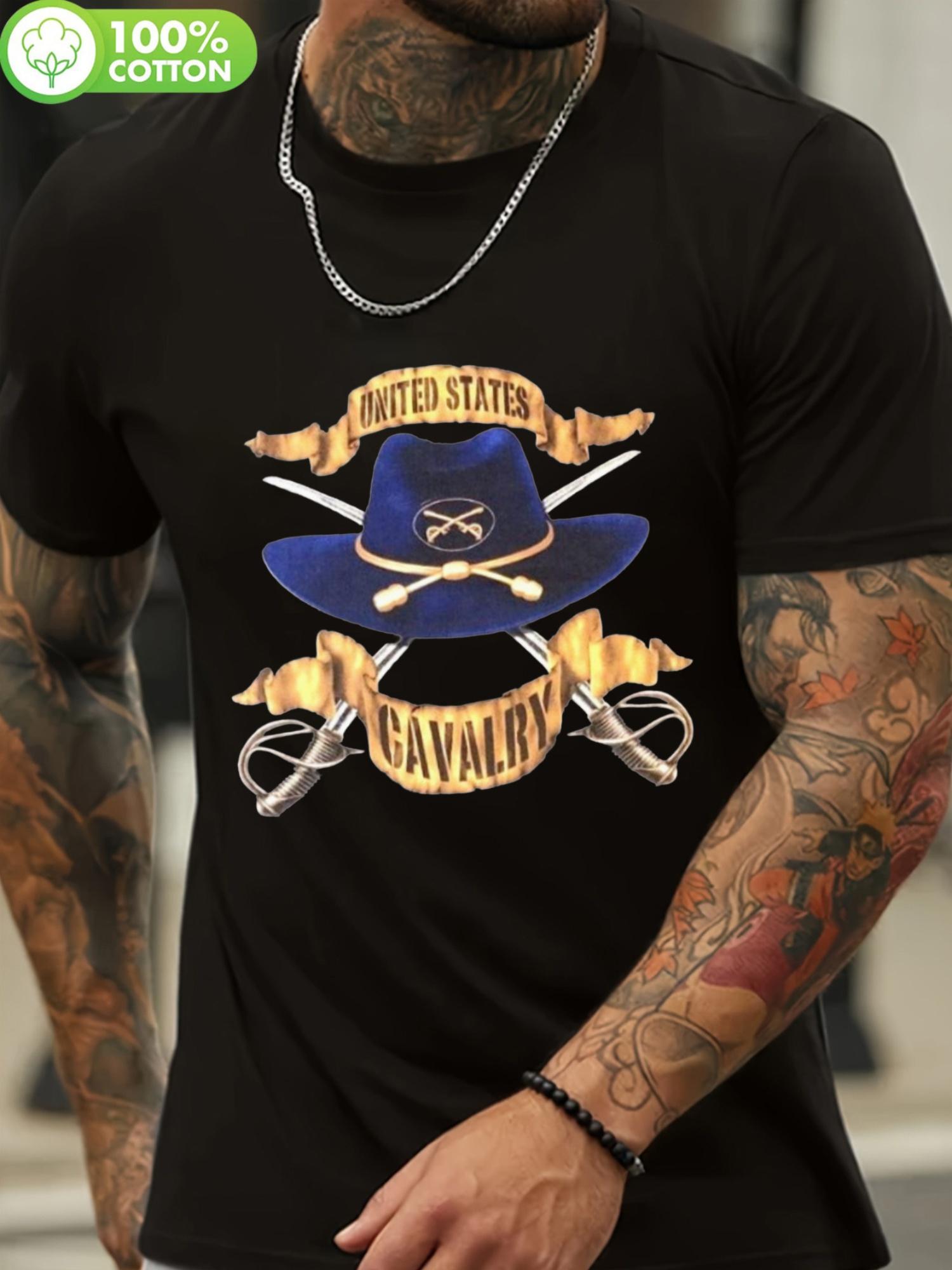 

100% Cotton Black Ink T-shirt with United States Cavalry Graphic - Breathable Round Neck Tee for Halloween L