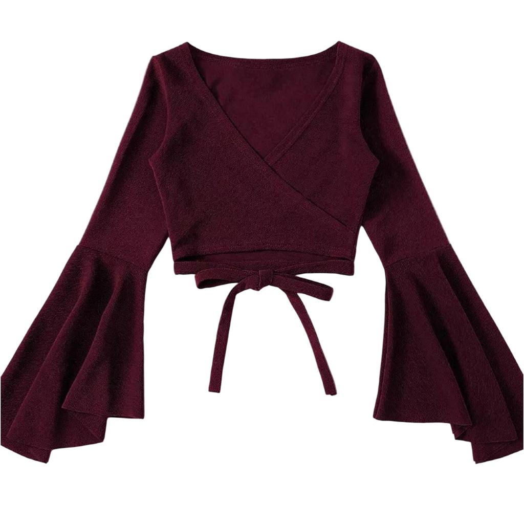 Damen Einfarbig Glockenärmel V-Ausschnitt Bauchfrei Langarm T-Shirt Top