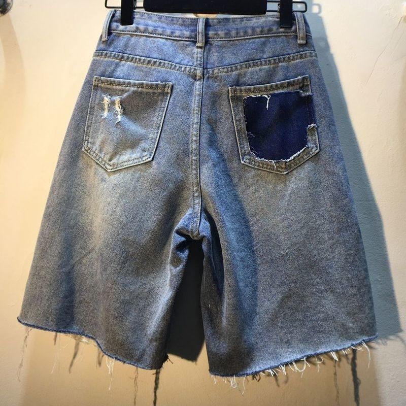 Jeans Loch Shorts Damen Sommer Kurze Hosen Hohe Taille Stretch Used Look Gewaschen Diamanten Streetwear Gerade Denims