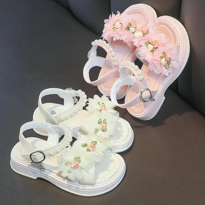 Sandales à fleurs pour filles, chaussures de princesse douces pour enfants, pour fête de mariage, sandales en cuir, Style français Chic, mode d'été