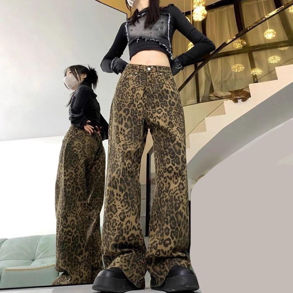 Baggy Leopard Print Jeans Straight Leg Cowboy Pants Fashion Jeans Women Y2k  Lady