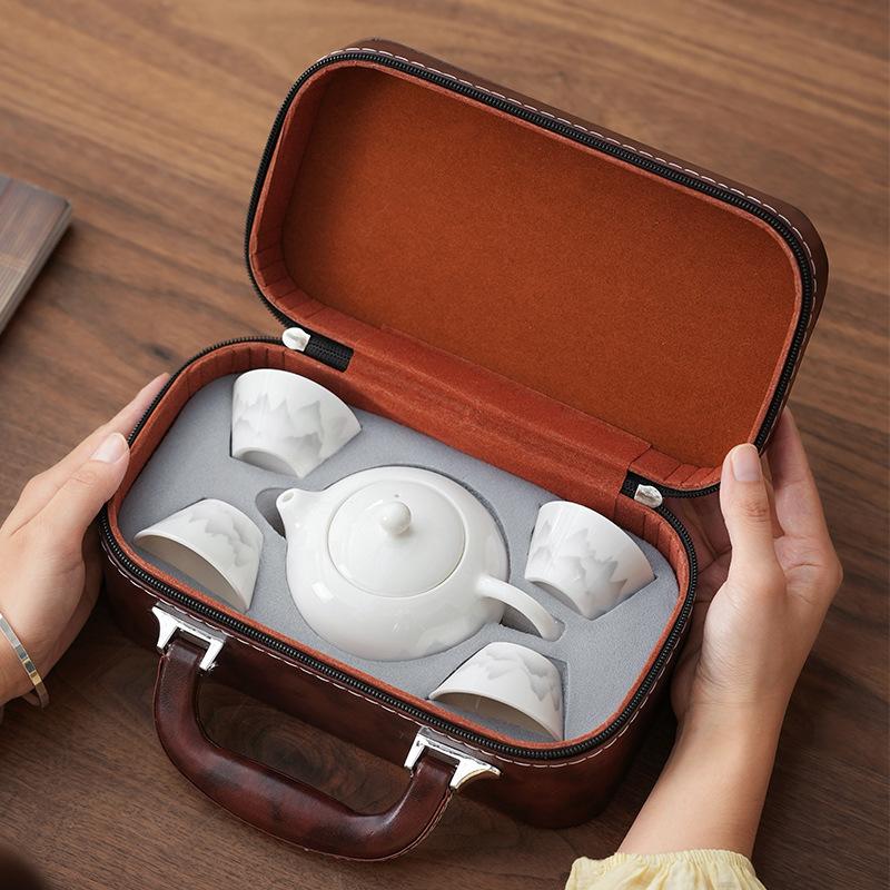 New Chinese-style set Portable white porcelain ink retro camping outdoor tea set Car office teapot gift