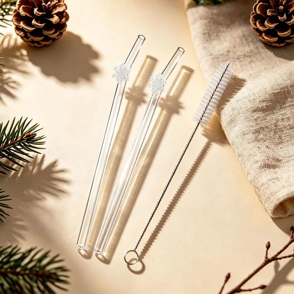 2Pcs Christmas Reusable High Borosilicate Glass Drinking Straws Set Set with 1Pc Brush Milk Shake Coffee Cocktail Straw Bar