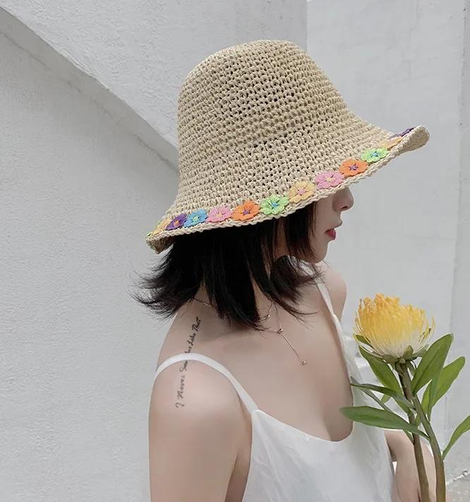 Bohemian Floral Straw Sun Hat for Women Summer UV Protection Foldable Beach Sun Hat 56-58cm
