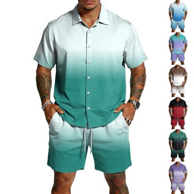 Men's Casual Short Sleeve Button Down Shirt and Drawstring Shorts Set Lightweight Breathable Summer Outfit with Gradient Design