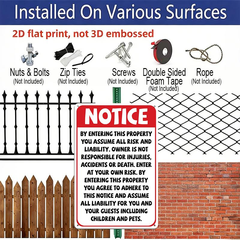 2D Flat, 1pc Notice Aluminium Sign "Enter At Your Own Risk" - 8"x12" Property Liability Warning Sign, Rustic Home & Business Decor