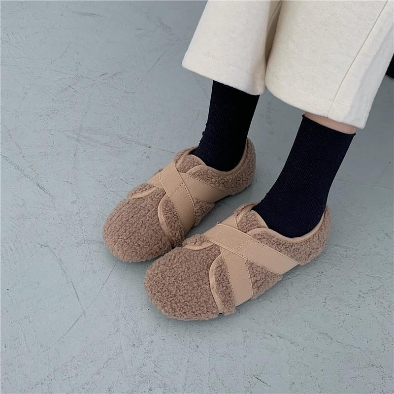 

Мода 2025 Эластичные Перекрестные Ремешки Меховая Обувь Женская Шерстяная Обувь на Плоской Подошве Зимние Плюшевые Хлопковые Лоферы Женские Теплые Мокасины с Круглым Носком Флисовые Сапоги 5 хаки