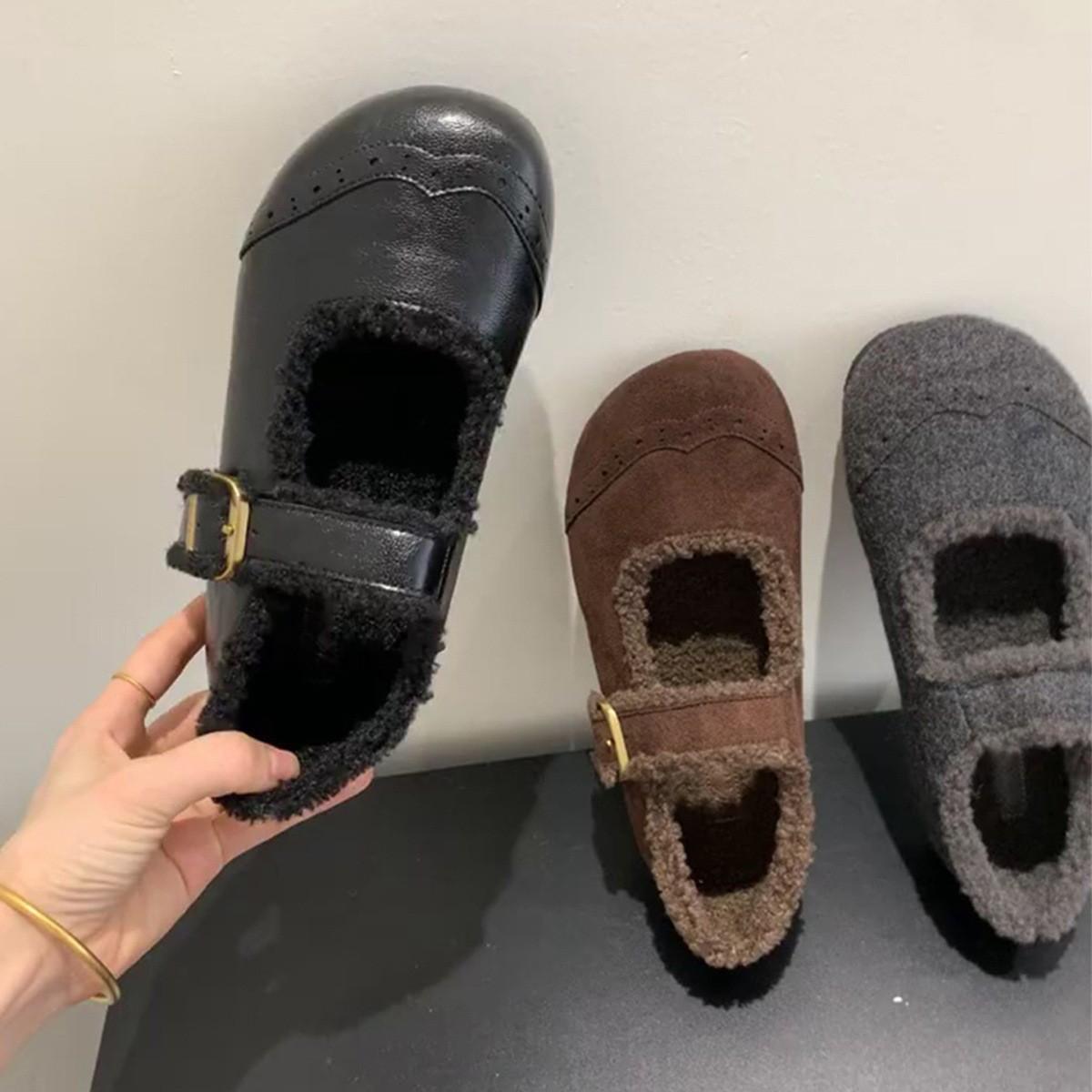 Retro fluffy shoes fleece warm Mary Jane shoes one-word buckle with shallow mouth round head flat-soled single shoes 35