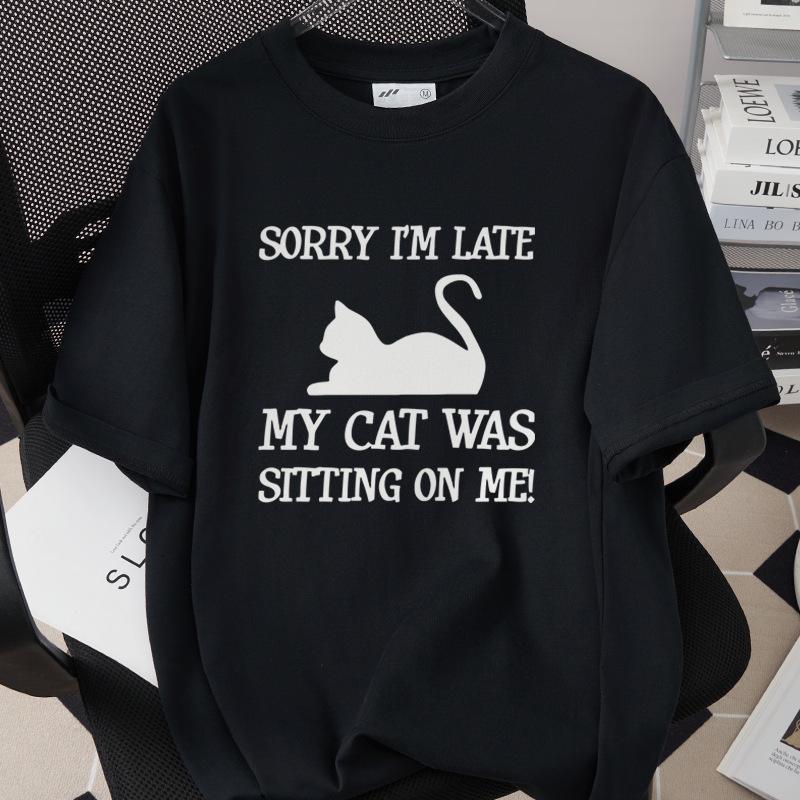 Trendiges Grenzüberschreitendes Katzen-Print-T-Shirt, 260g Reine Baumwolle, Kurzarm, Einfach 1002-45