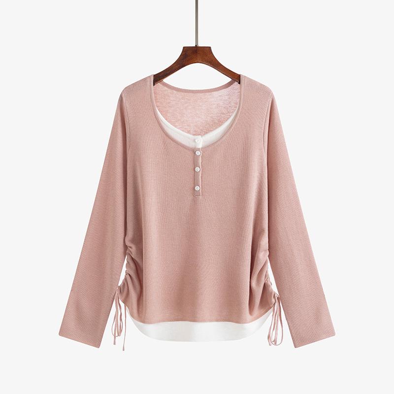 

Женские контрастные цвета больших размеров, искусственные топы из двух предметов на шнурке, весенняя повседневная свободная трикотажная блузка с длинными рукавами 3XL розовый