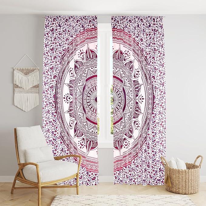 Bless International Beautiful Indian Bohemian Psychedelic Hippie Ombre Window Curtain Panels for Bedroom, Living, Balcony (Pink Red Ombre Flower)