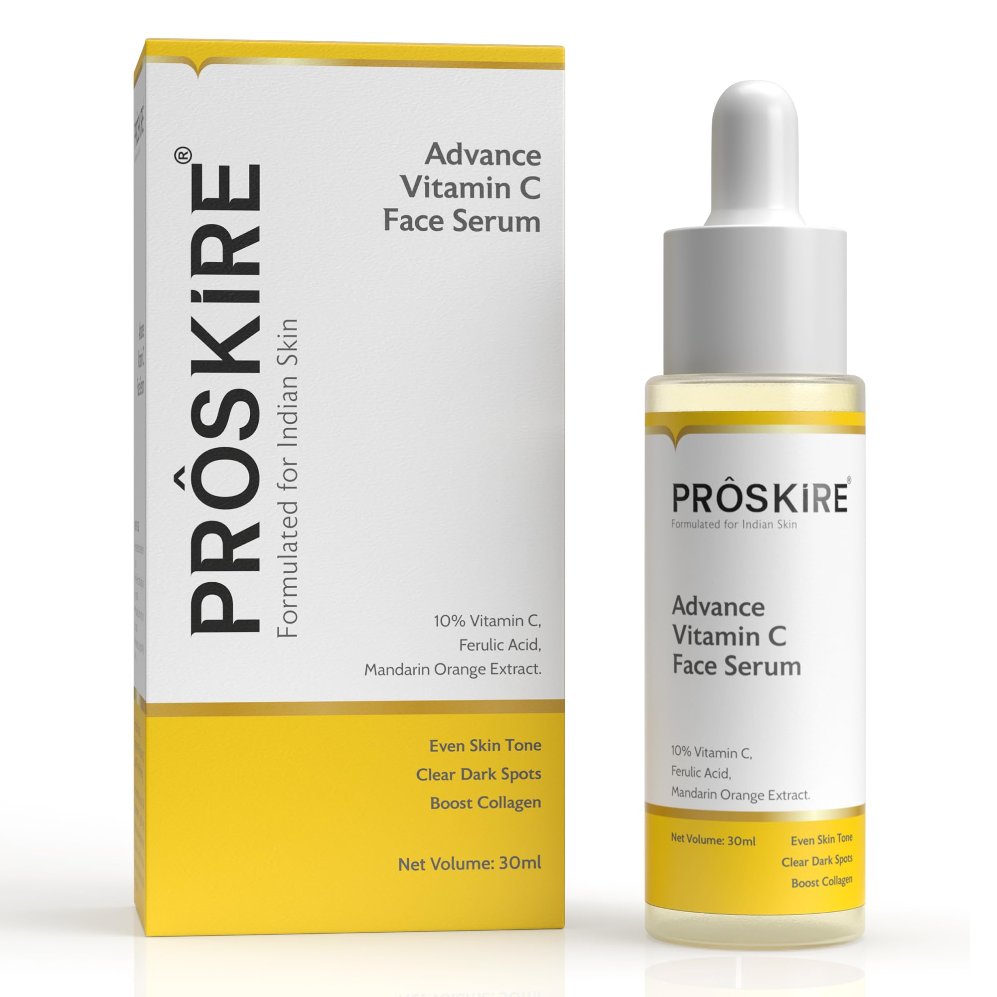 Proskire Advance 10% Vitamin C Face Serum with Ferulic & Mandarin Extract| Brightening, Dark Spot & Anti-Pigmentation Serum for All Skin Types - 30