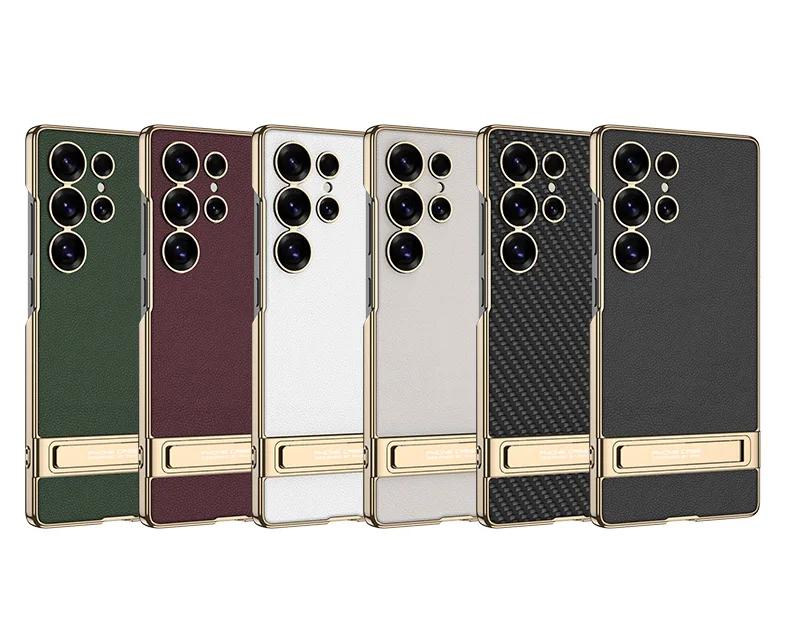 

Electroplated Gold Silver Brocade Leather Bracket Cover for Samsung Galaxy S25 S24 Ultra Hard Shell Protective Holder Phone Case For Galaxy S25 Ultra чорний